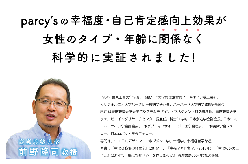 parcy'sの幸福度・自己肯定感向上効果が、女性のタイプ・年齢に関係なく達成されることが科学的に証明されました。慶應義塾大学前前野隆司教授プロフィール