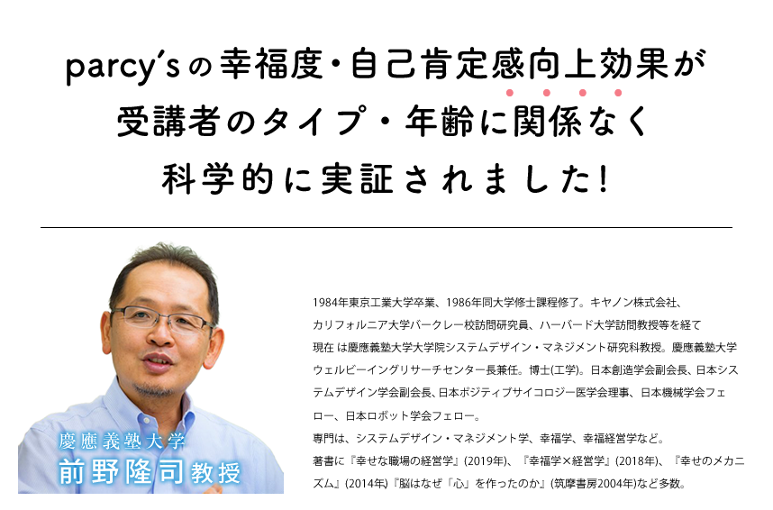 parcy'sの幸福度・自己肯定感の向上効果が人のタイプ・年齢に関係なく科学的に実証されました。慶應義塾大学前前野隆司教授プロフィール