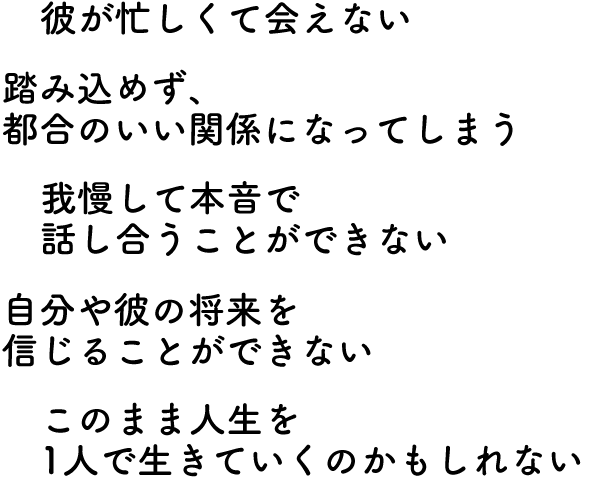彼が忙しくて会えない・踏み込めず、都合のいい関係になってしまう・我慢して本音で話し合うことができない・自分や彼の将来を信じることができない・このまま人生を1人で生きていくのかもしれない